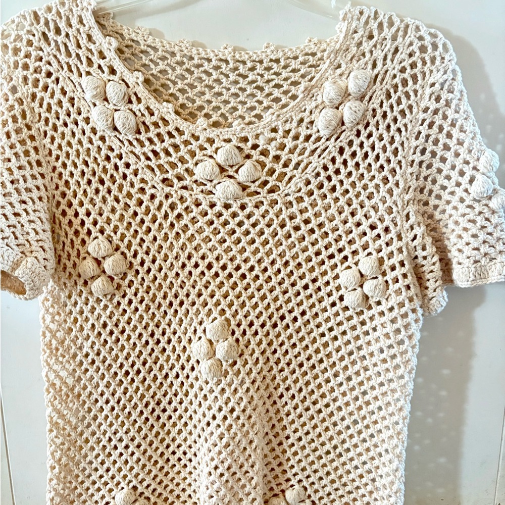 Crochet womens top cream chunky knit short sleeve top#boho#festive#grannycore
